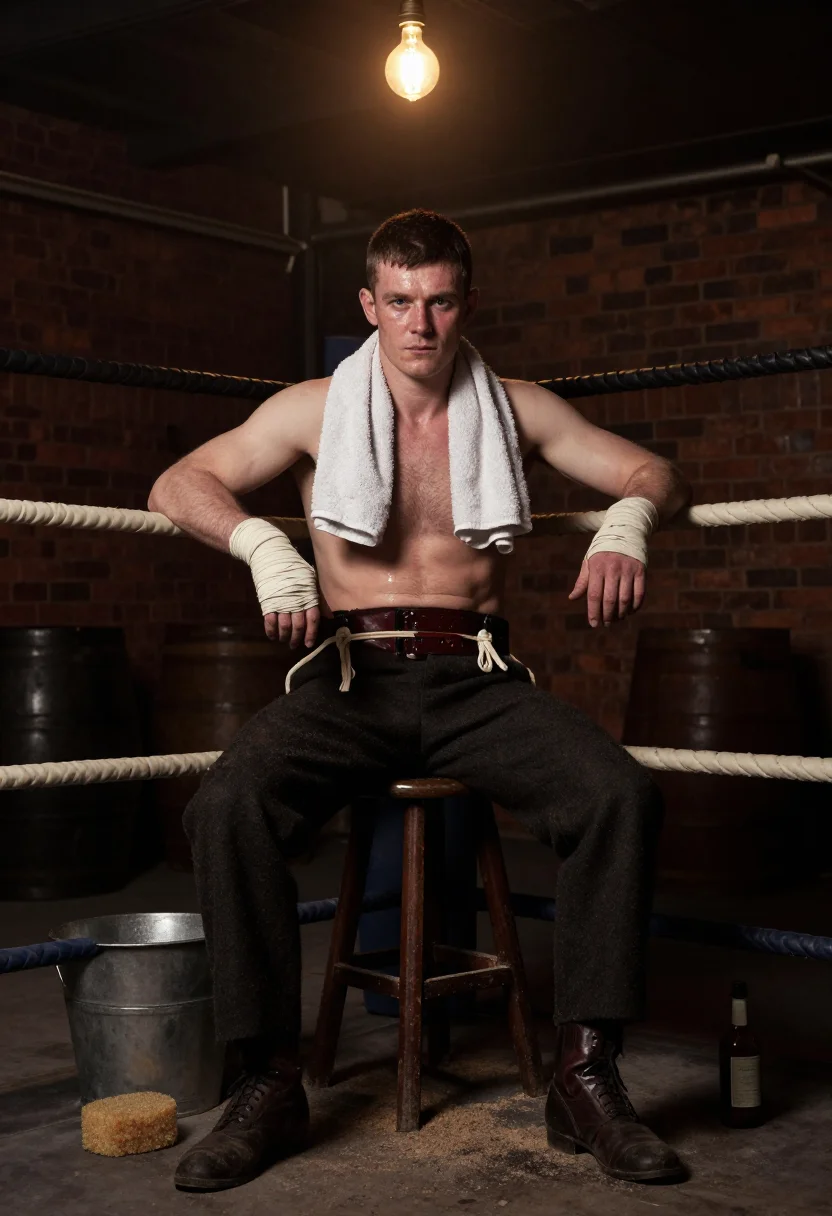 AI bareknuckle boxer sample — portrait of a man, seated three-quarter portrait of a fair-s