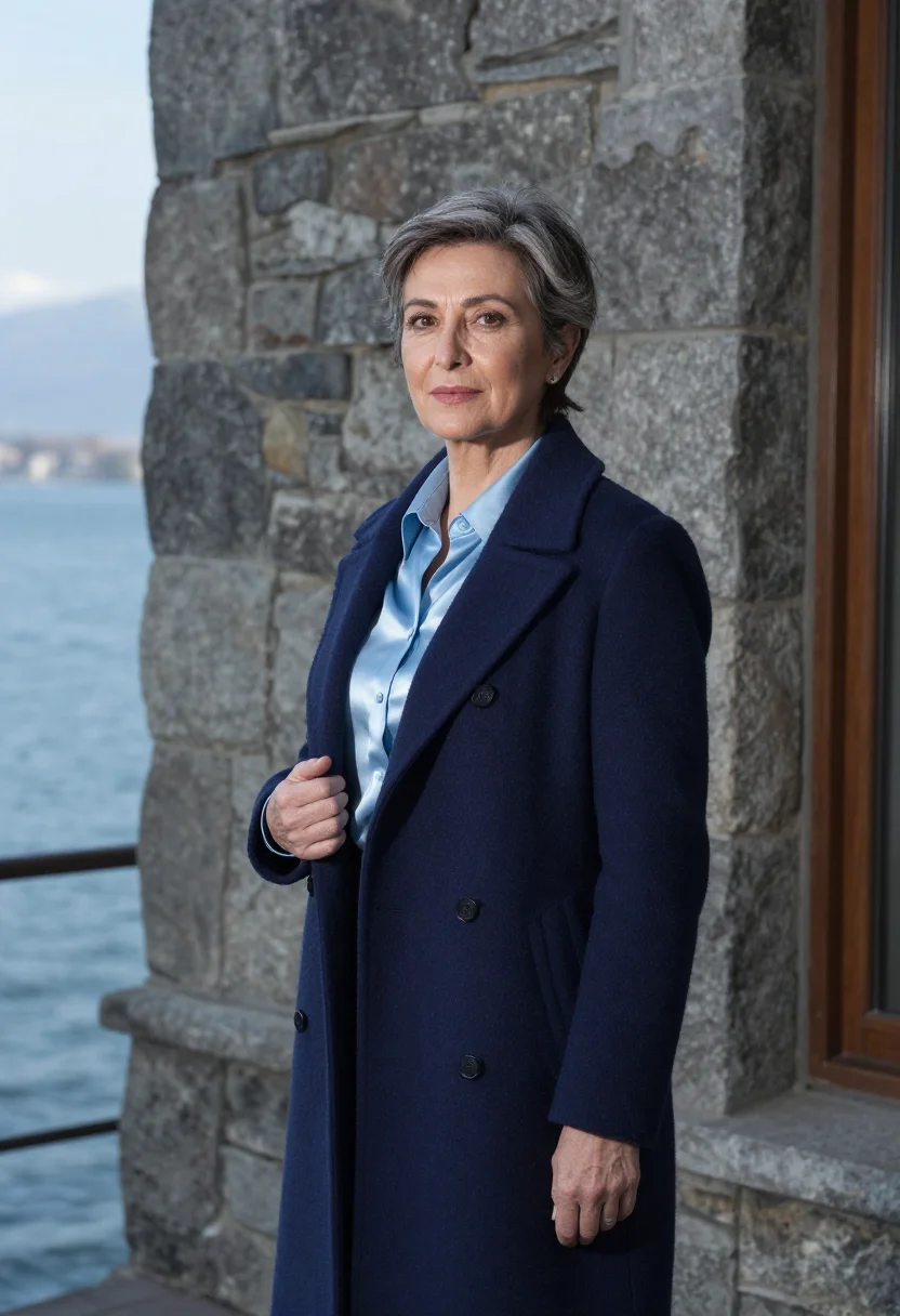 AI bariloche hotelier lake blue stone timber sample — portrait of a woman, an Argentine hotelier of Italian descen