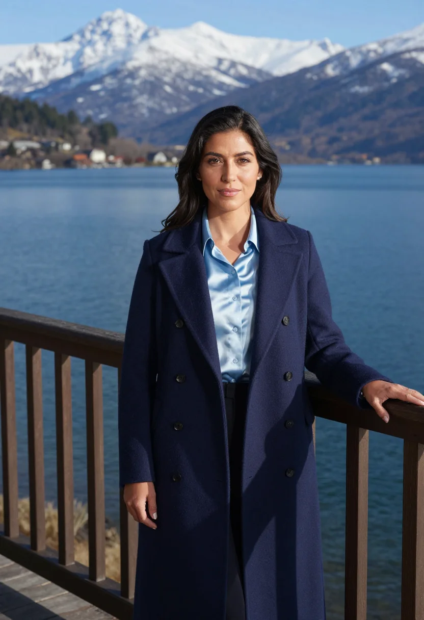 AI bariloche hotelier lake blue stone timber sample — portrait of a woman, a mestiza Argentine hotelier in her lat