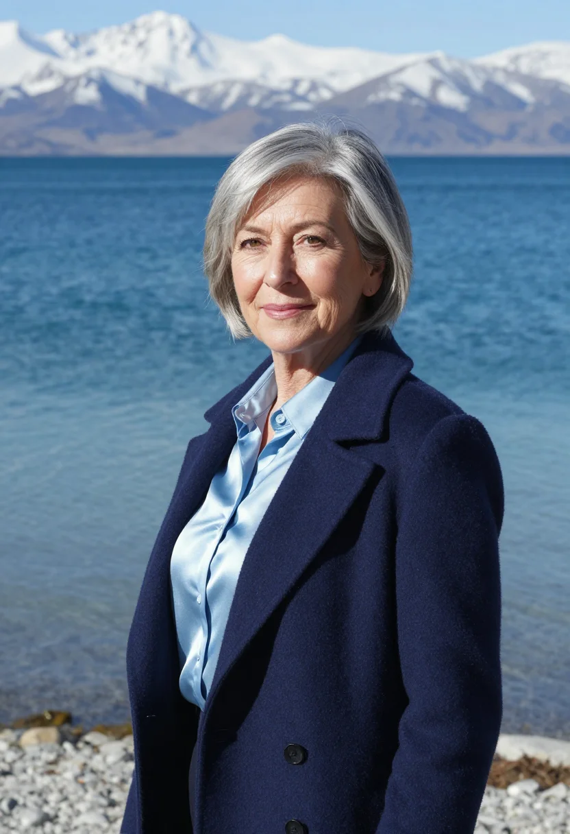 AI bariloche hotelier lake blue stone timber sample — portrait of a woman, an Argentine hotelier of Spanish descen