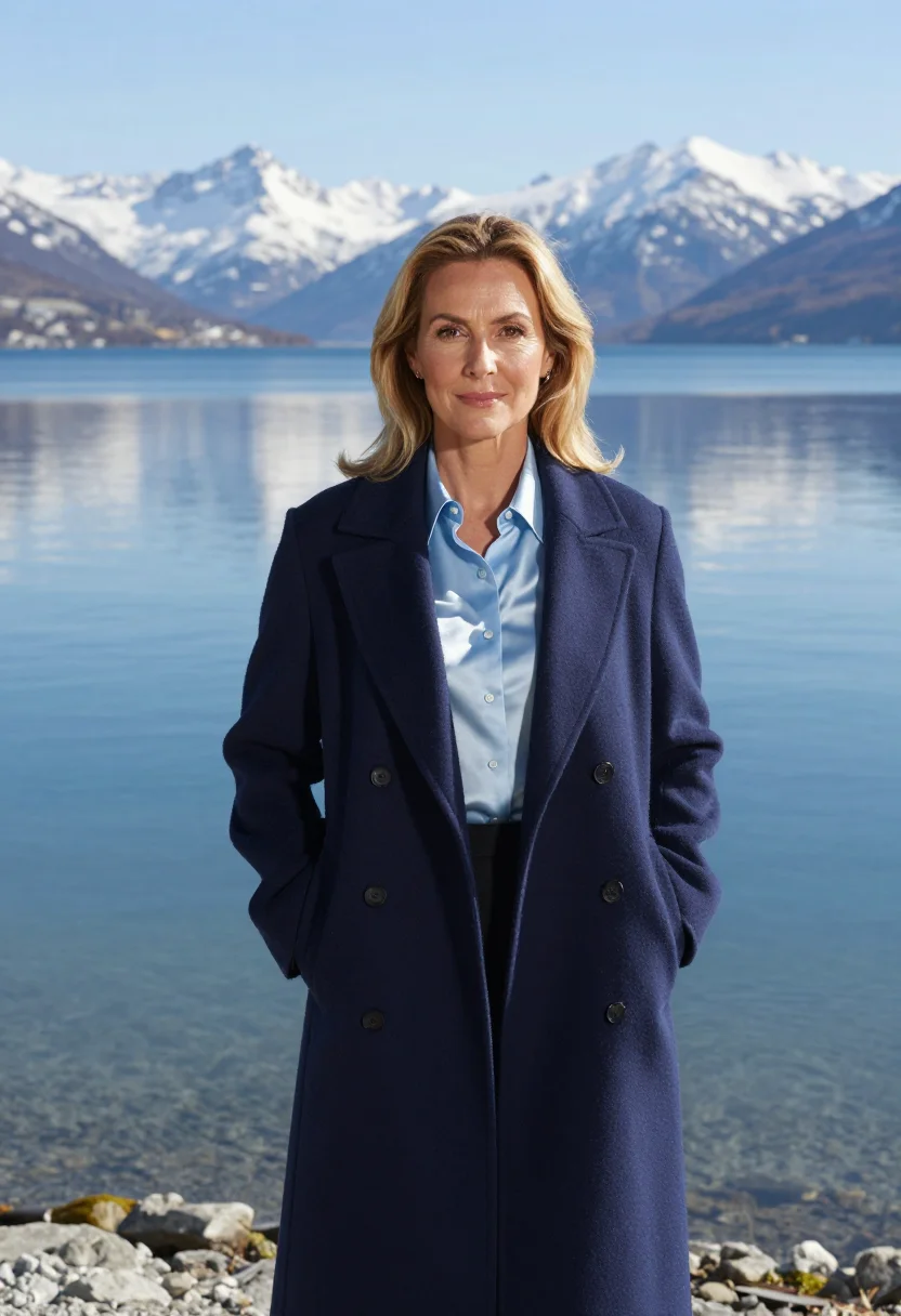 AI bariloche hotelier lake blue stone timber sample — portrait of a woman, a Western-European hotelier in her mid-