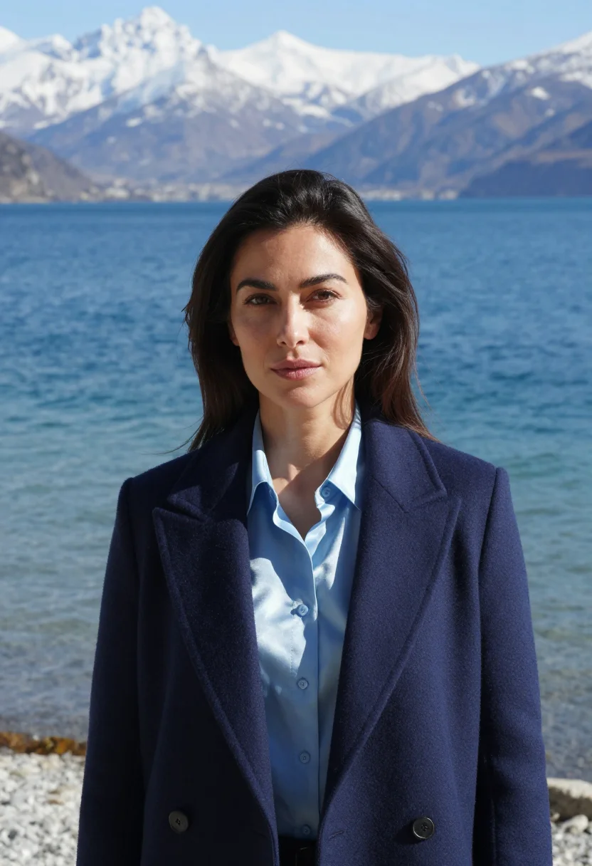 AI bariloche hotelier lake blue stone timber sample — portrait of a woman, a Mediterranean hotelier in her mid-thi