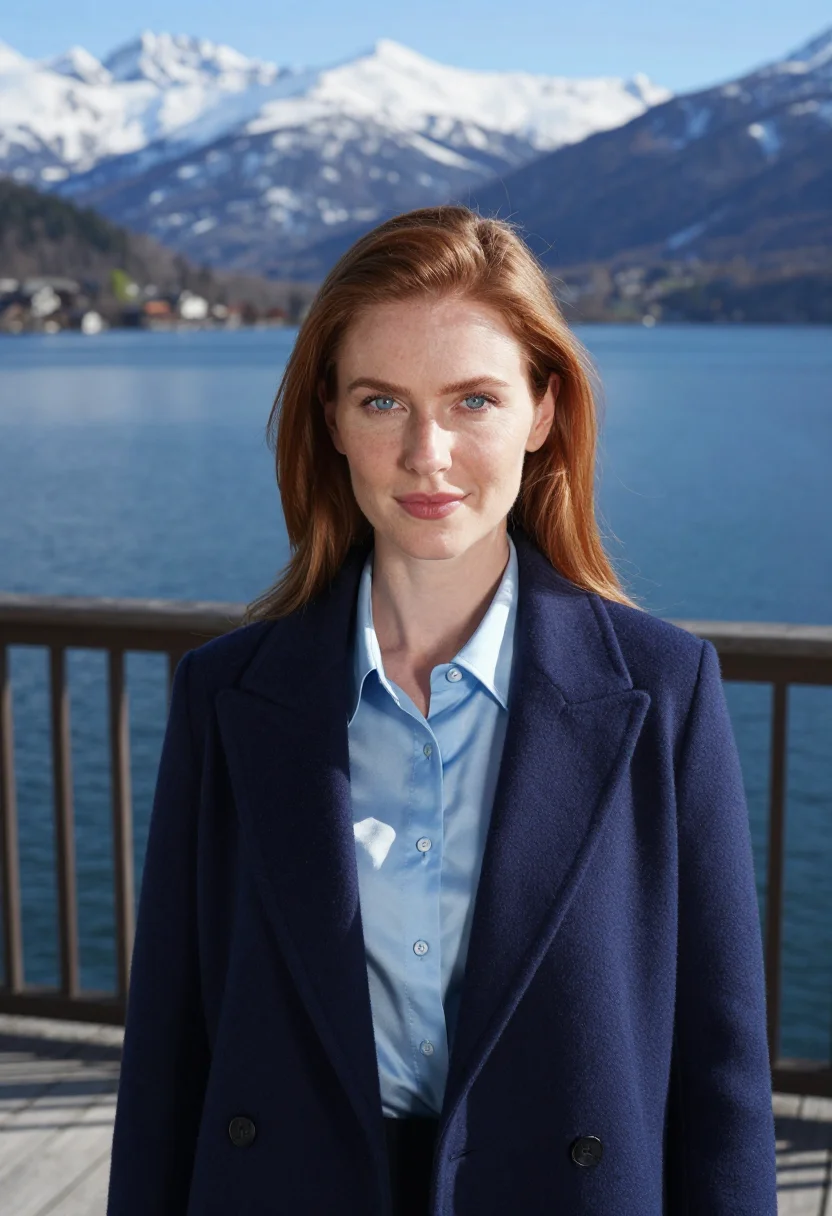 AI bariloche hotelier lake blue stone timber sample — portrait of a woman, a Western-European hotelier in her earl