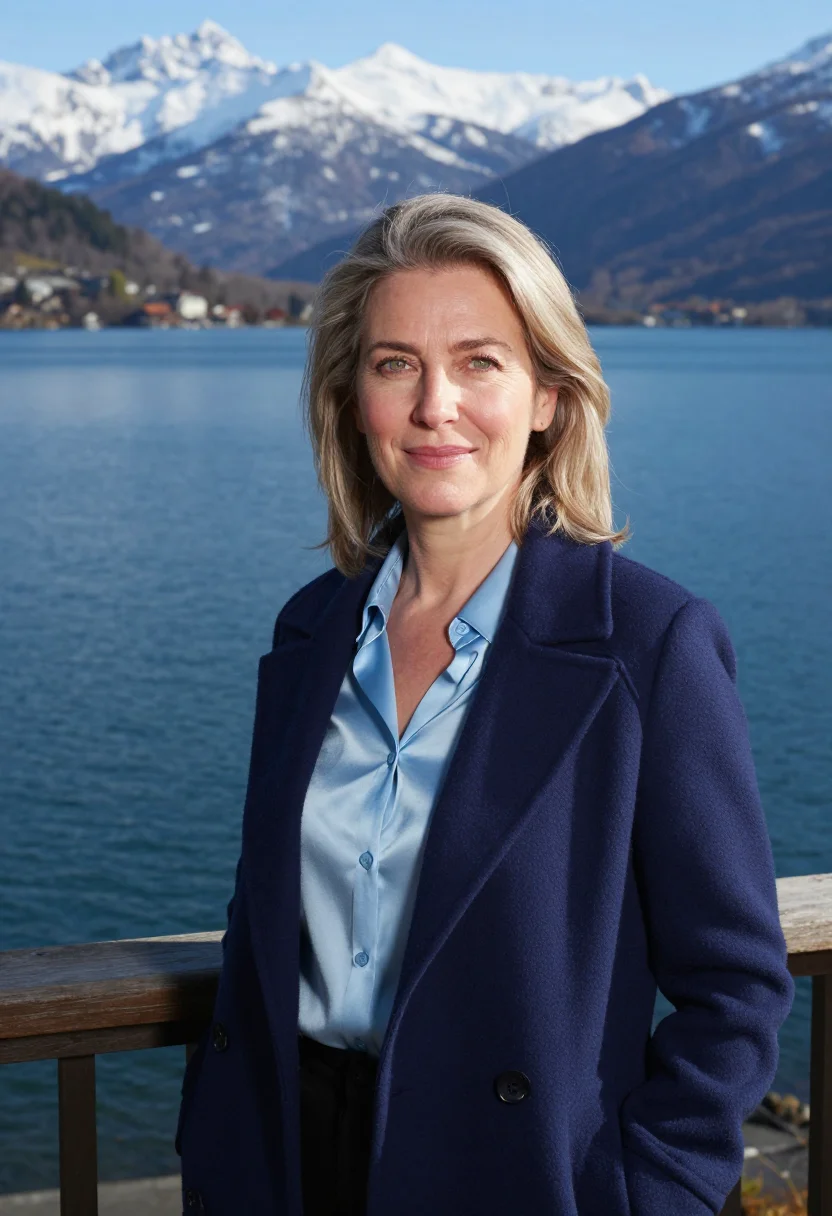 AI bariloche hotelier lake blue stone timber sample — portrait of a woman, an Argentine hotelier of German descent