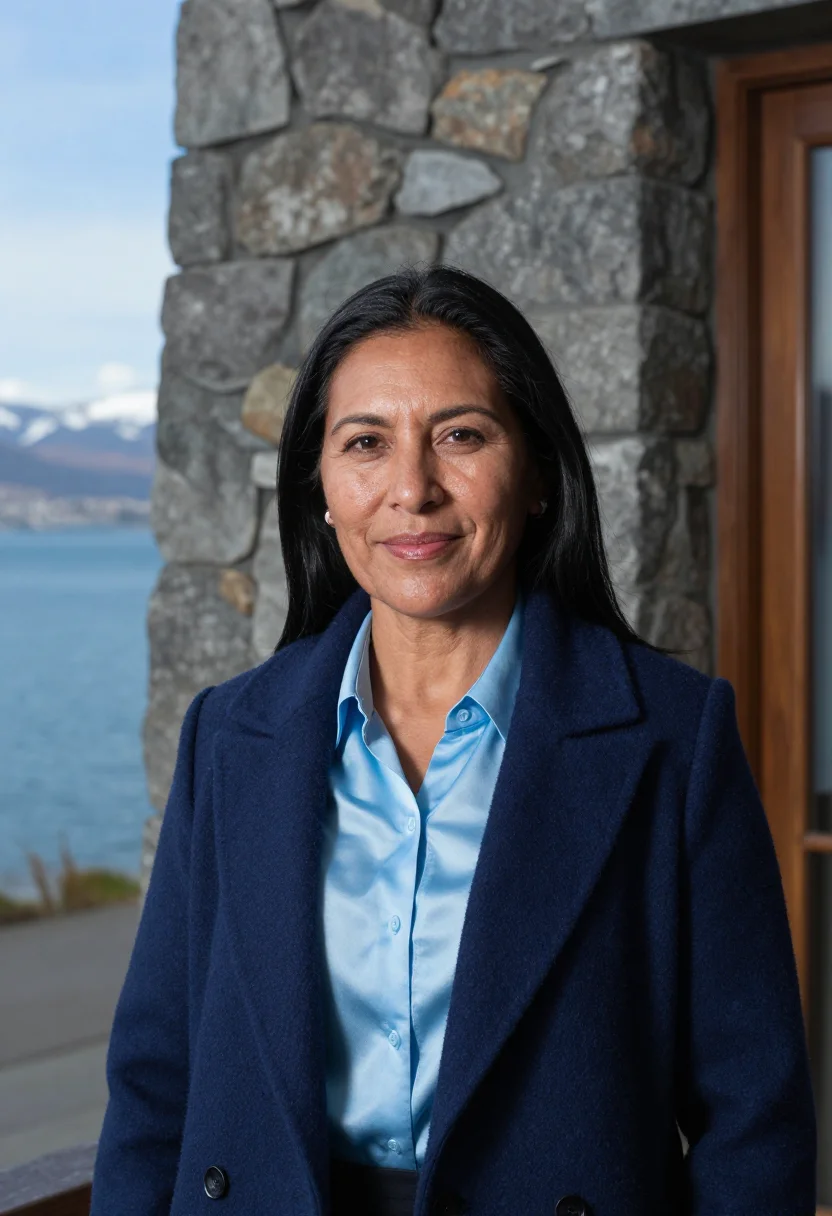 AI bariloche hotelier lake blue stone timber sample — portrait of a woman, a Mapuche hotelier in her early forties