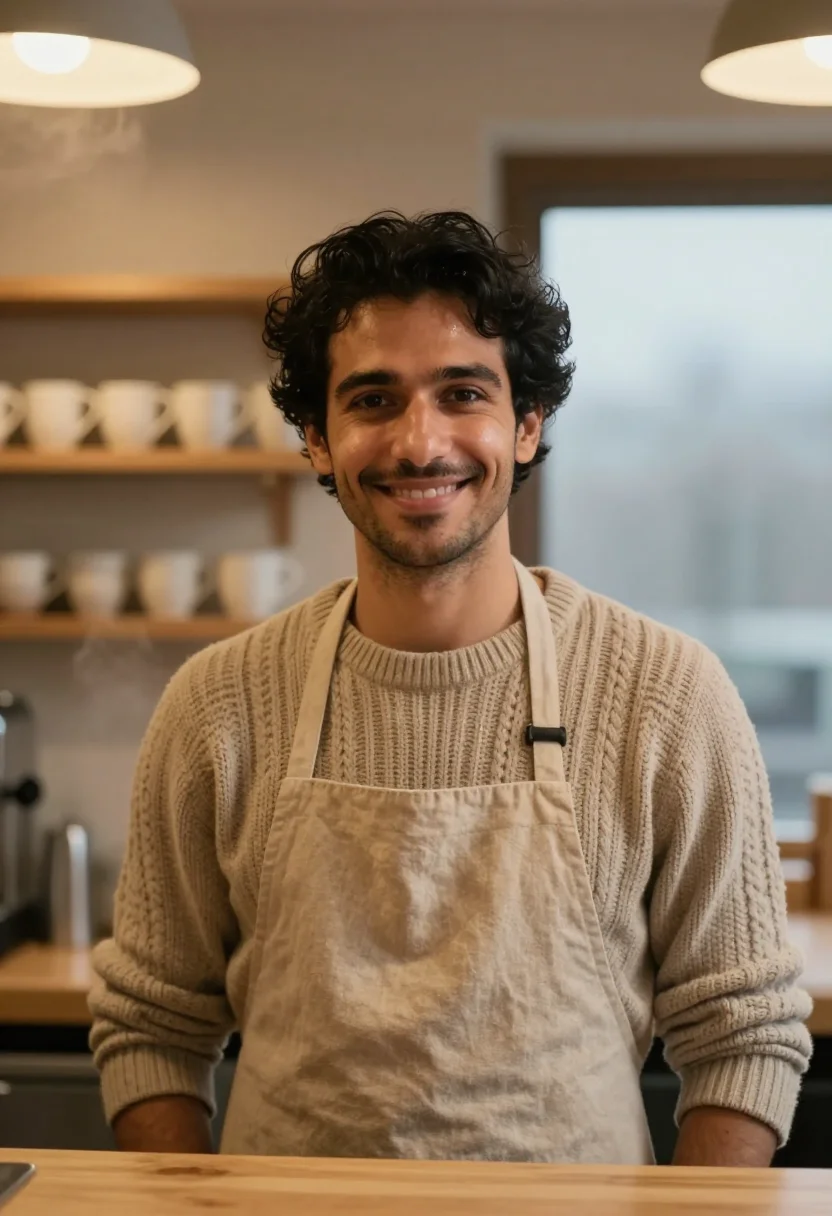 AI barista winter oat sample — portrait of a man, framed head and shoulders, tighter, the b