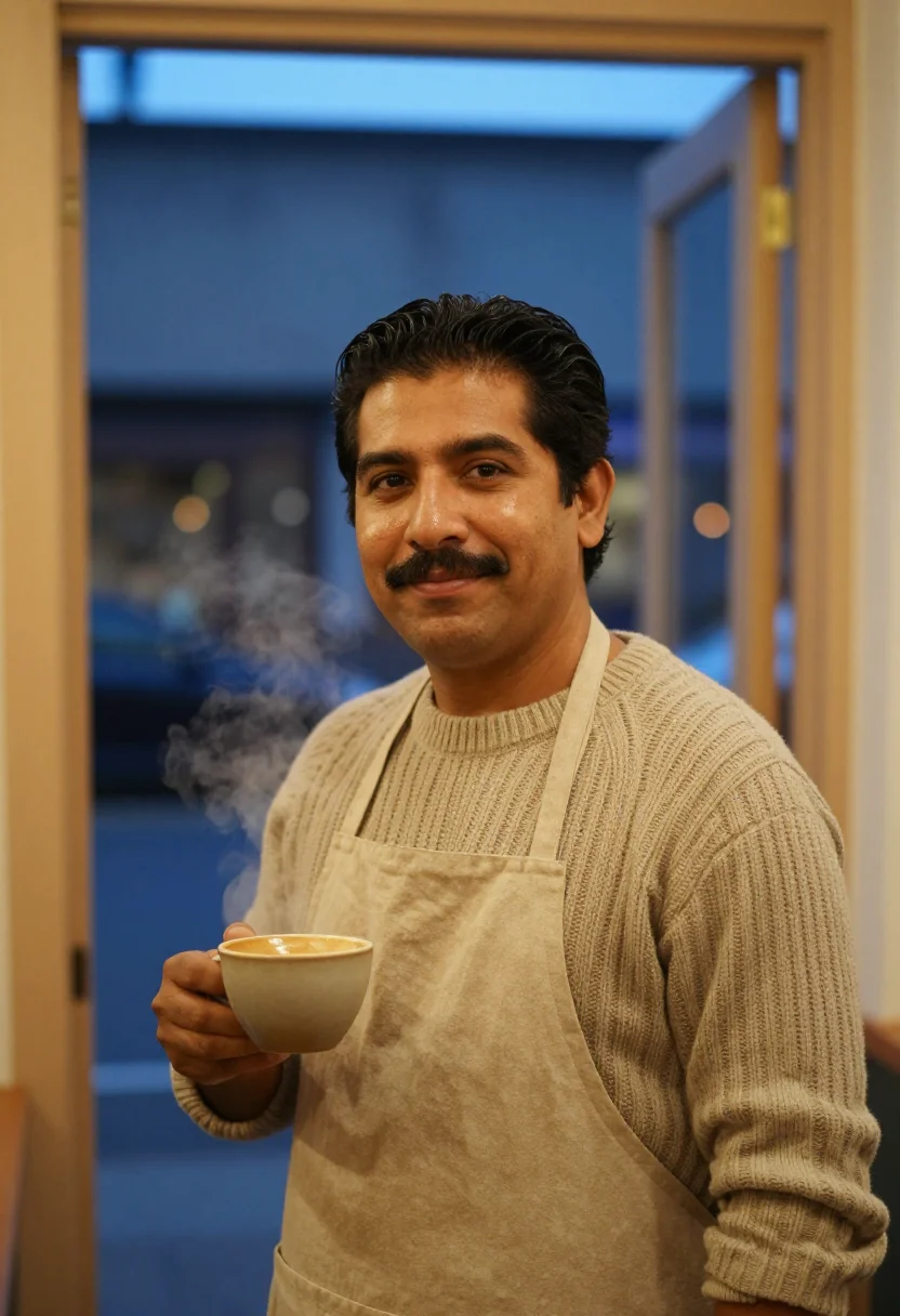 AI barista winter oat sample — portrait of a man, framed head and shoulders, tighter, the b