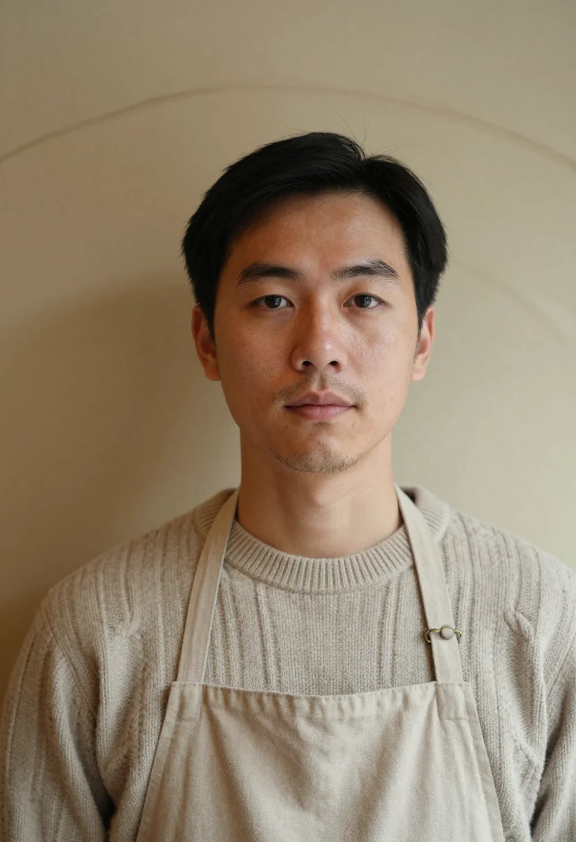 AI barista winter oat sample — portrait of a man, framed tight on the head and the collar,