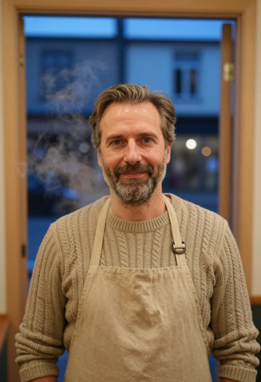 AI barista winter oat sample — portrait of a man, framed tight on the head and the collar,