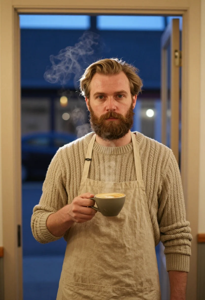 AI barista winter oat sample — portrait of a man, framed chest-up from the ribs with the bo