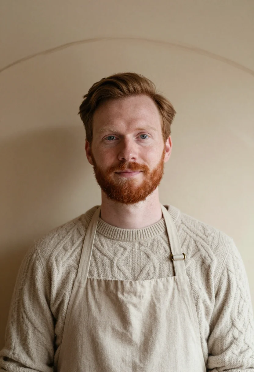 AI barista winter oat sample — portrait of a man, framed head and shoulders, tighter, the b