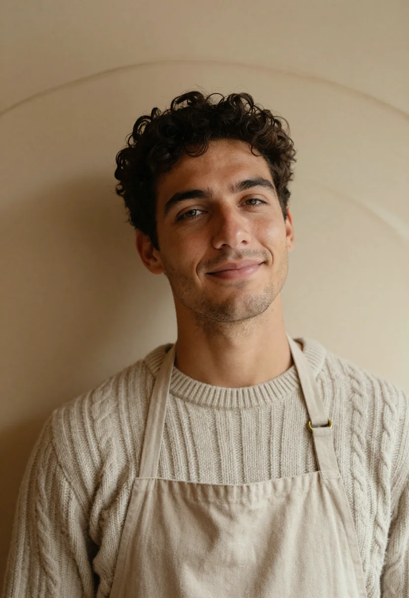 AI barista winter oat sample — portrait of a man, framed tight on the head and the collar,