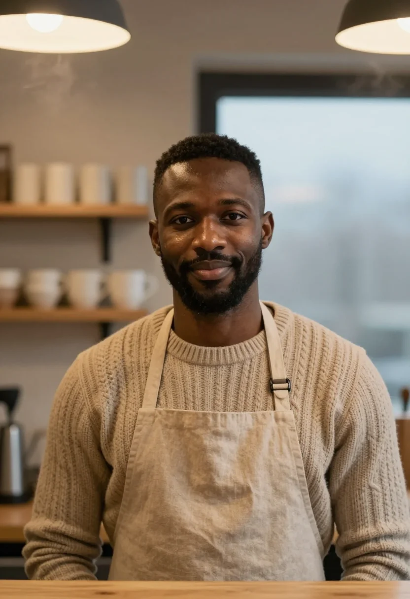 AI barista winter oat sample — portrait of a man, framed tight on the head and the collar,