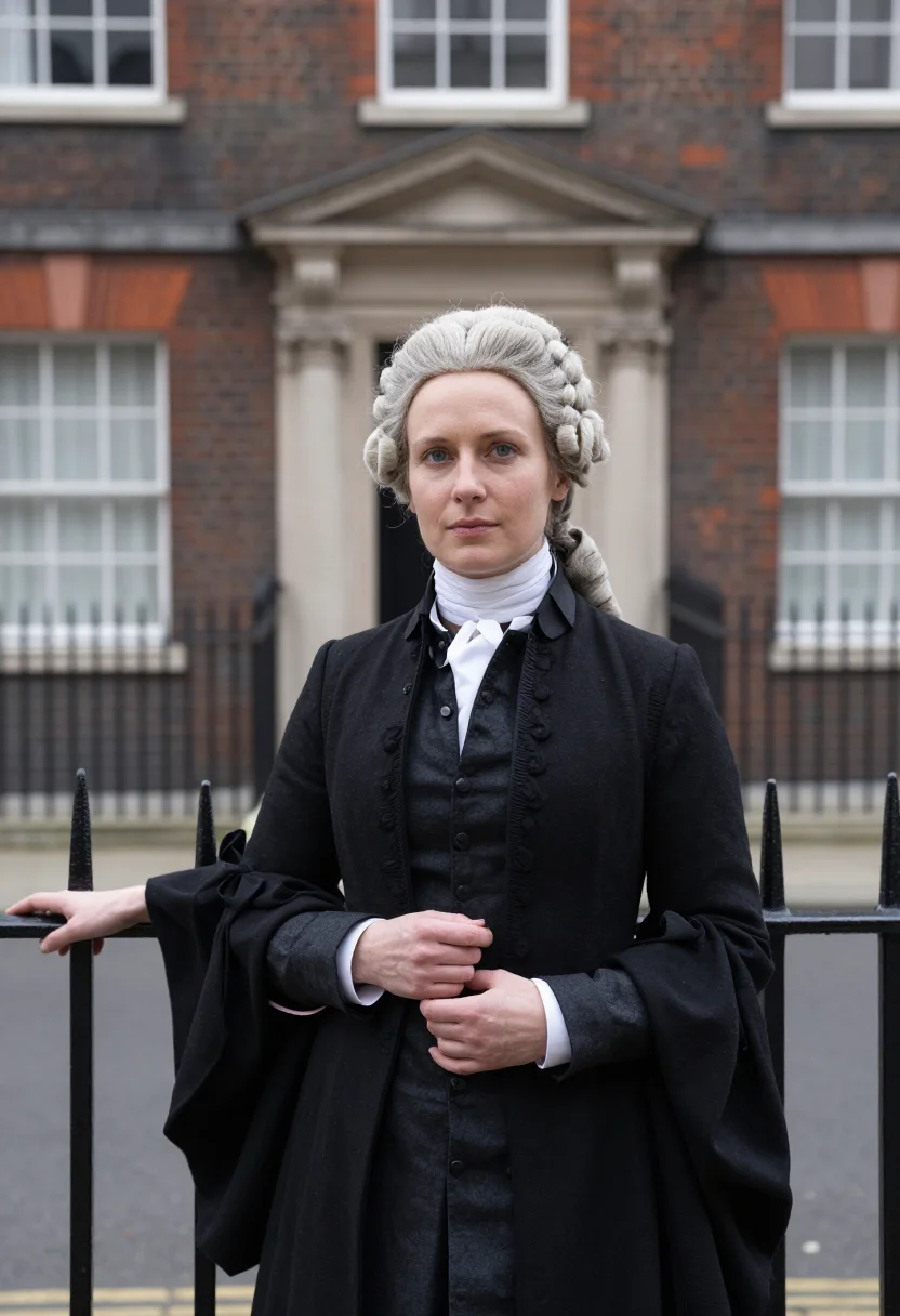 AI barrister wig sample — portrait of a woman, chest-up portrait of a Western-European