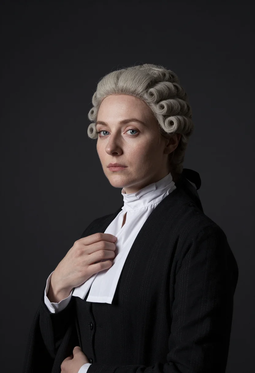 AI barrister wig sample — portrait of a woman, chest-up portrait of a Western-European