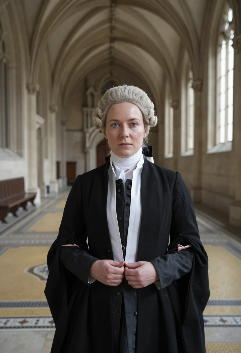 AI barrister wig sample — portrait of a woman, chest-up portrait of a Western-European