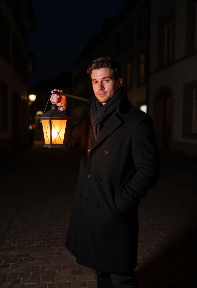 AI basel fasnacht lantern dawn sample — portrait of a man, framed three-quarter length from the head