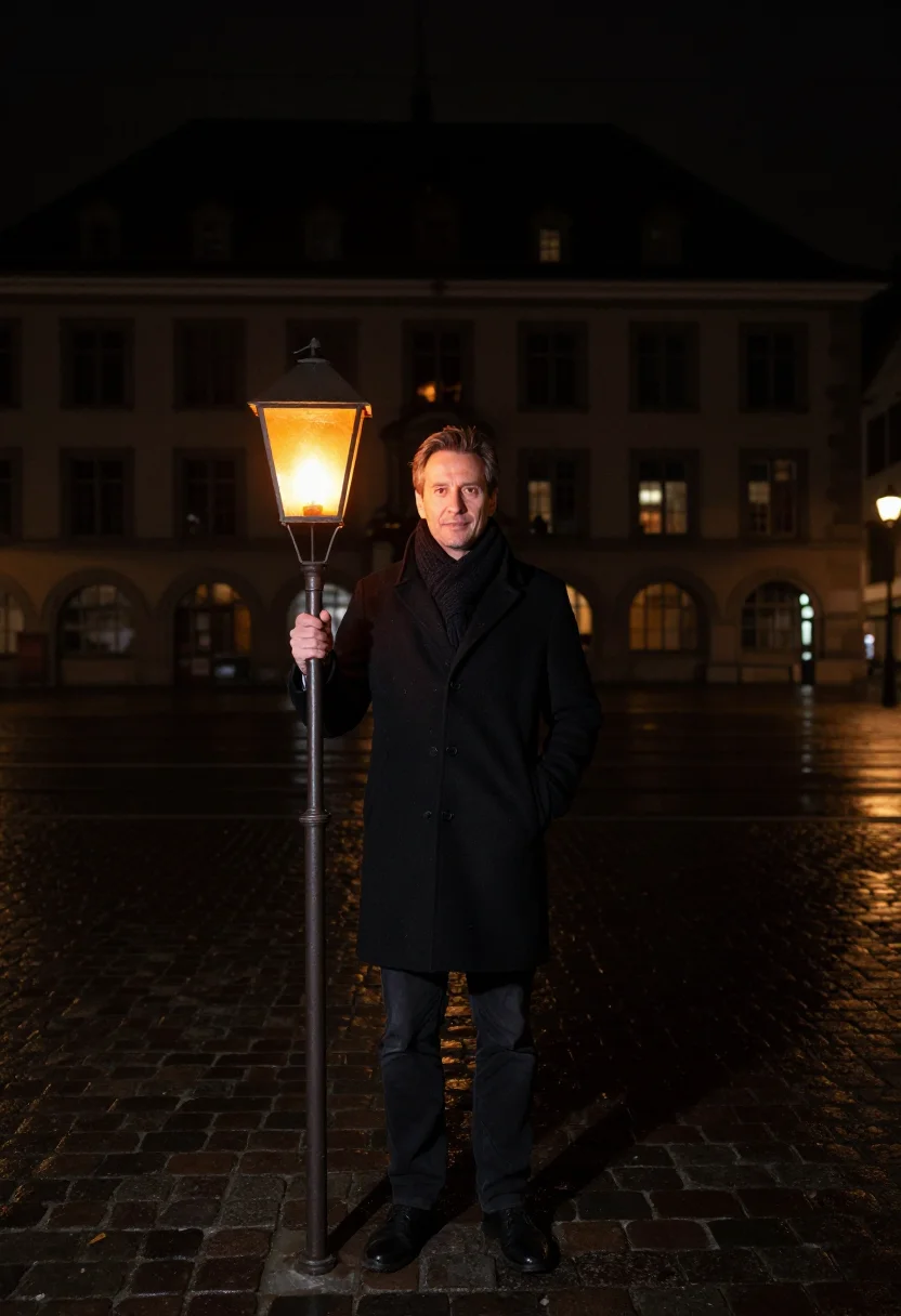AI basel fasnacht lantern dawn sample — portrait of a man, framed wide across the dark square, the f