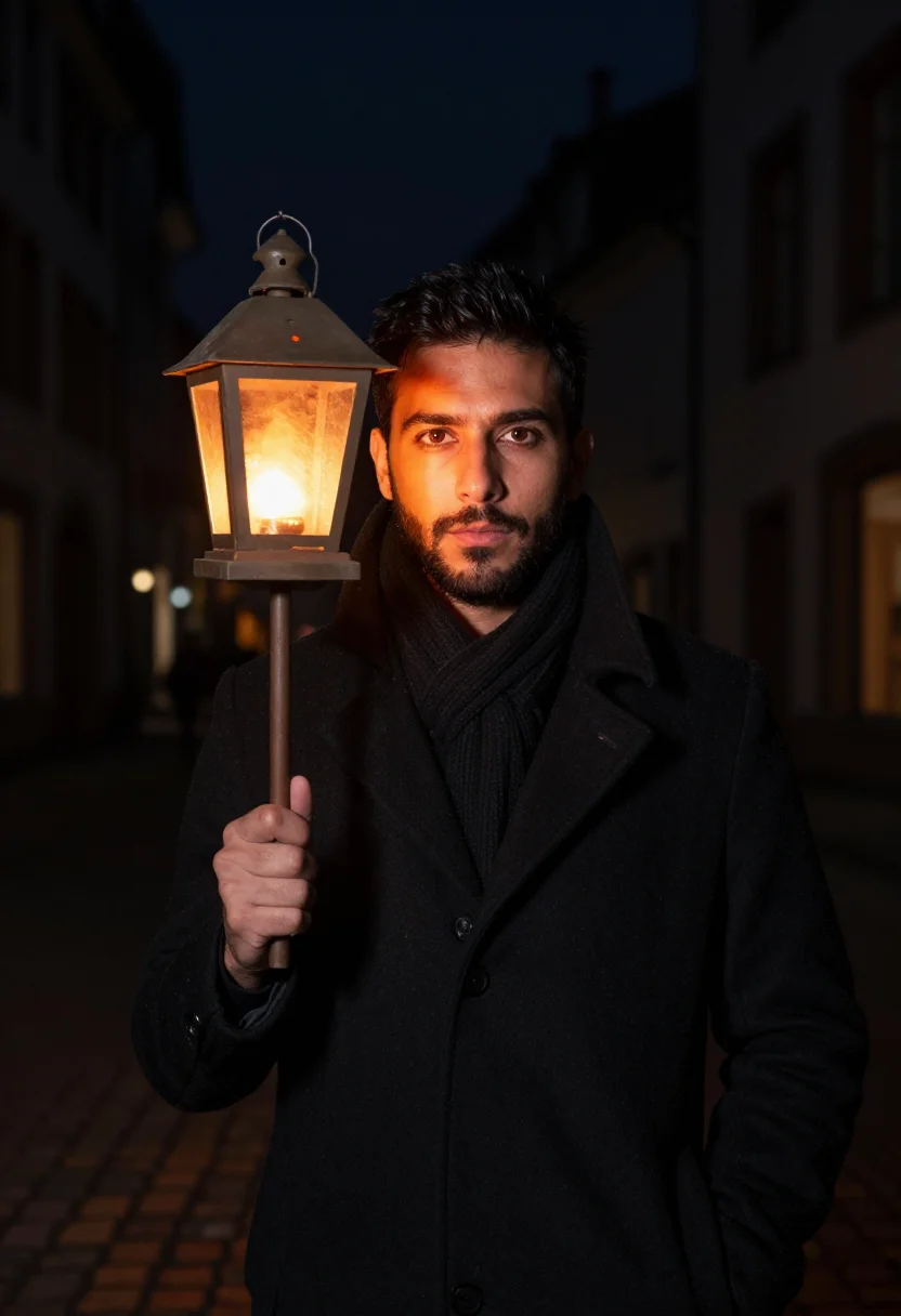 AI basel fasnacht lantern dawn sample — portrait of a man, framed tight, head and shoulders, the bod