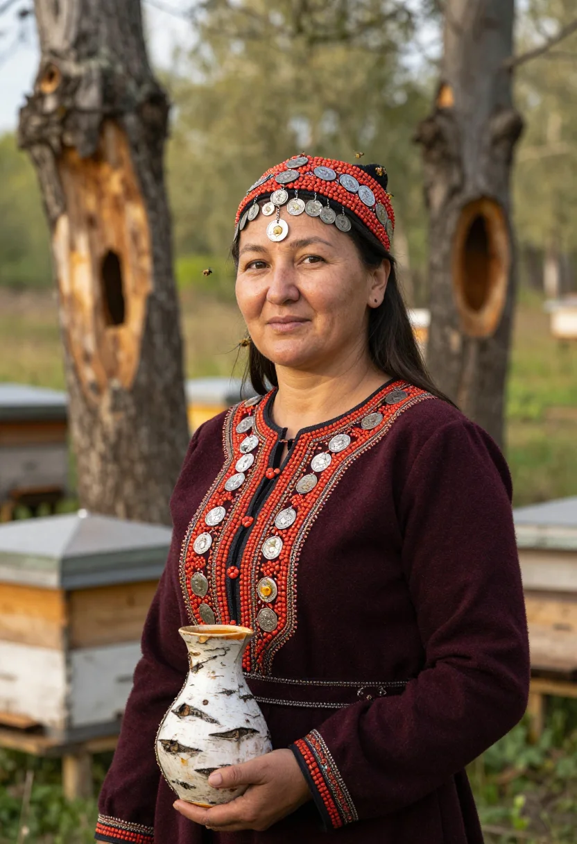 AI bashkir kashmau sample — candid half-length portrait in honey-harvest bee-tree countr