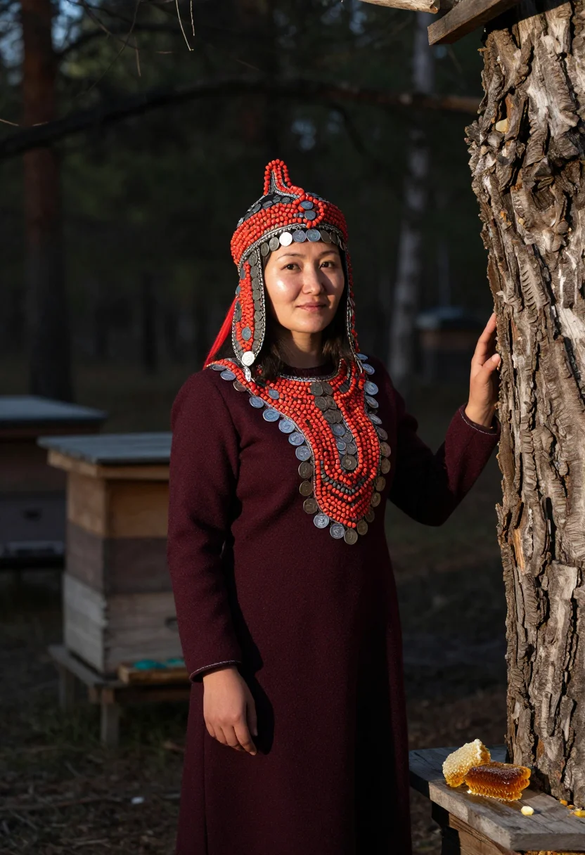 AI bashkir kashmau sample — three-quarter-length portrait among the hollow bee-trees of