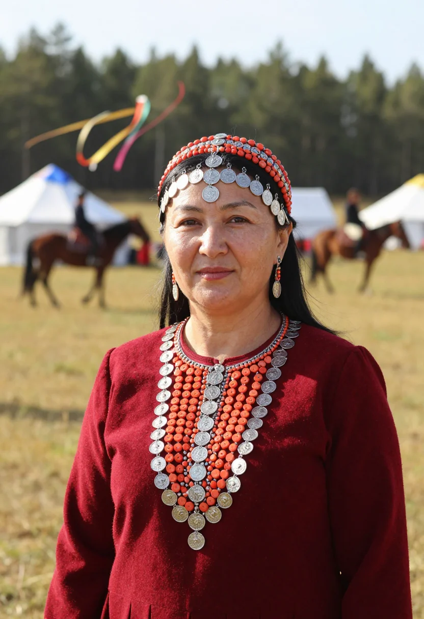 AI bashkir kashmau sample — bust-length festive portrait at a Bashkir gathering on the o