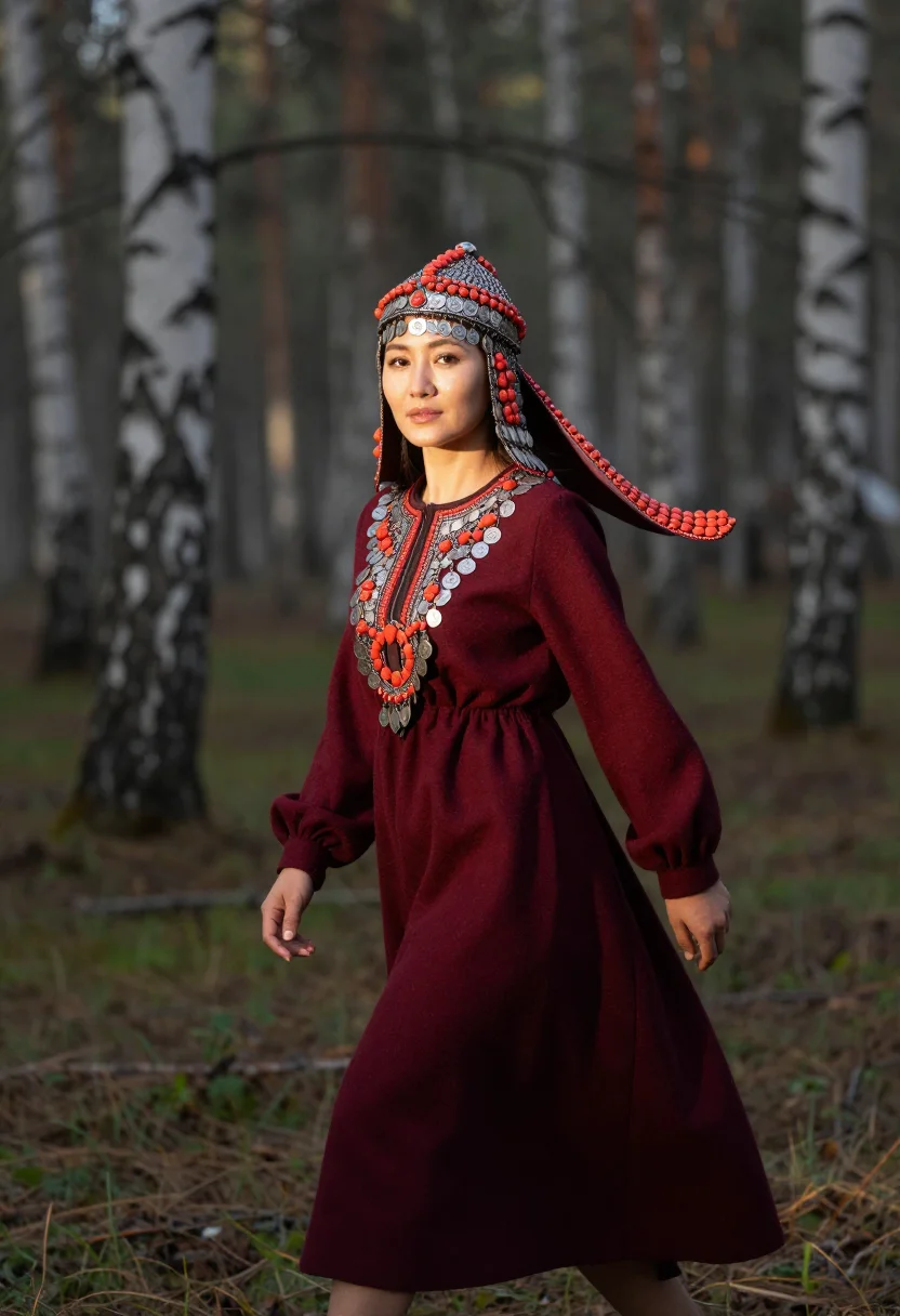 AI bashkir kashmau sample — three-quarter-length portrait moving through the Ural forest