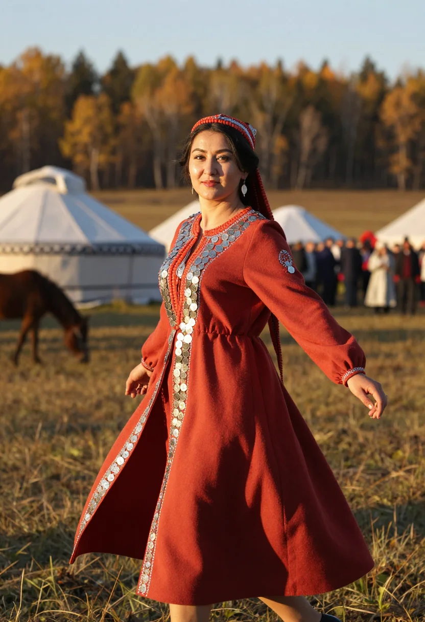 AI bashkir kashmau sample — three-quarter-length festive portrait at a Bashkir gathering