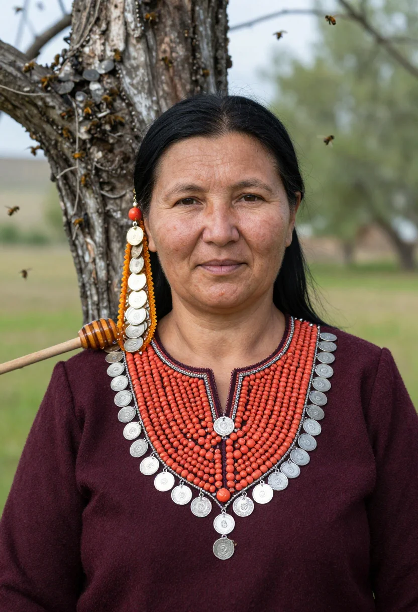 AI bashkir kashmau sample — bust-length portrait in honey-harvest bee-tree country in th