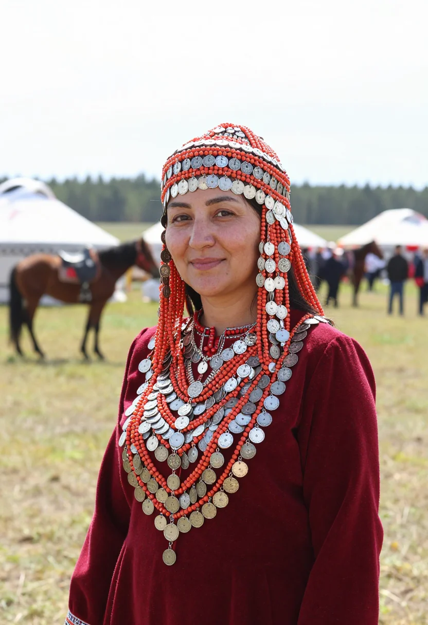 AI bashkir kashmau sample — festive half-length portrait at a Bashkir gathering on the o