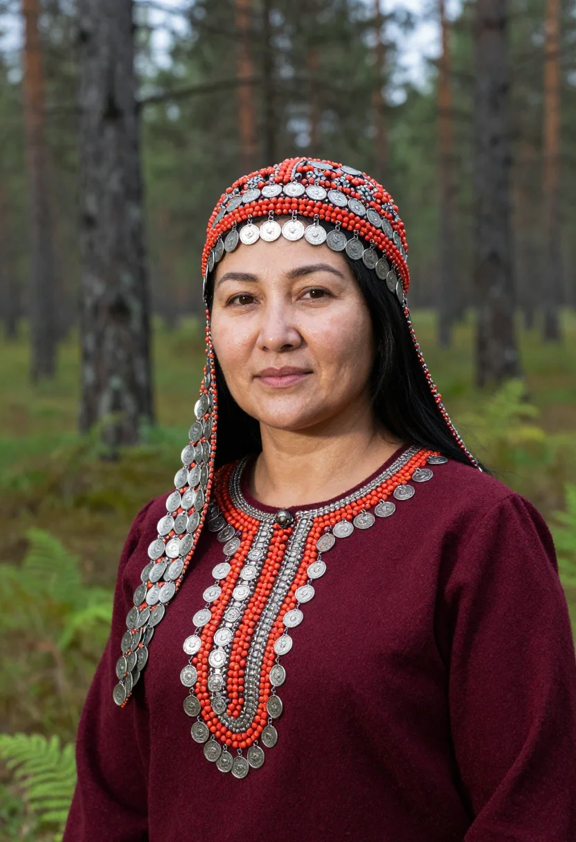 AI bashkir kashmau sample — bust-length portrait in the Ural forest-steppe, a Bashkir wo
