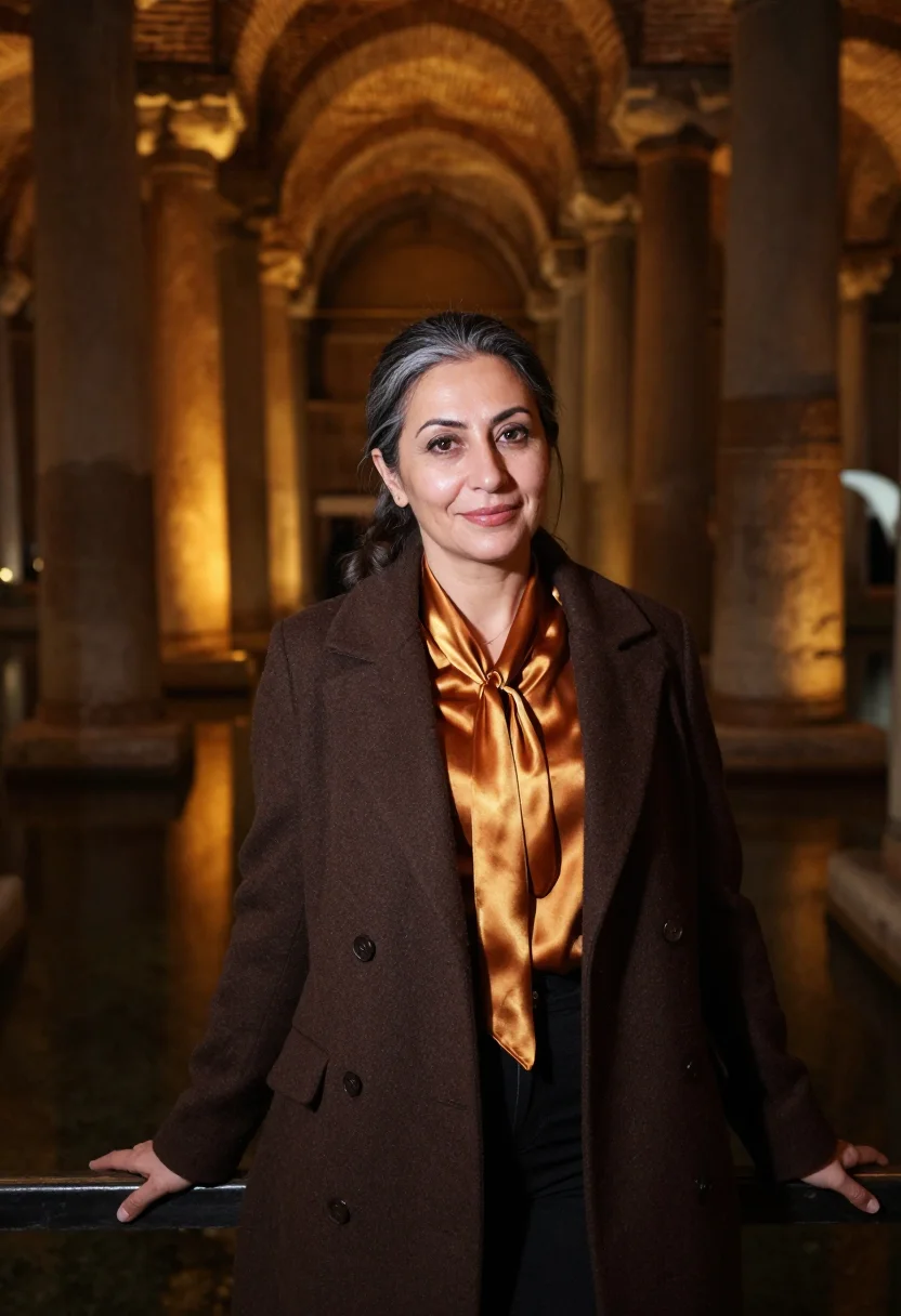 AI basilica cistern curator column amber sample — portrait of a woman, a curator in her fifties of Armenian de