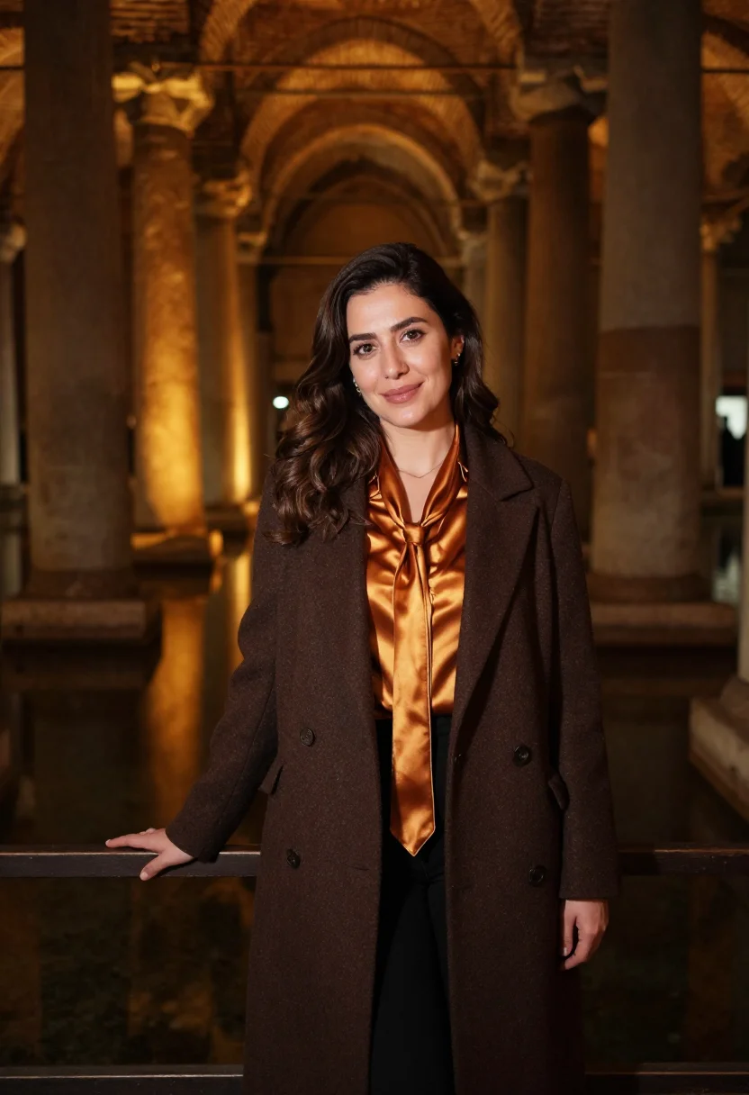 AI basilica cistern curator column amber sample — portrait of a woman, a curator in her forties of Lebanese de