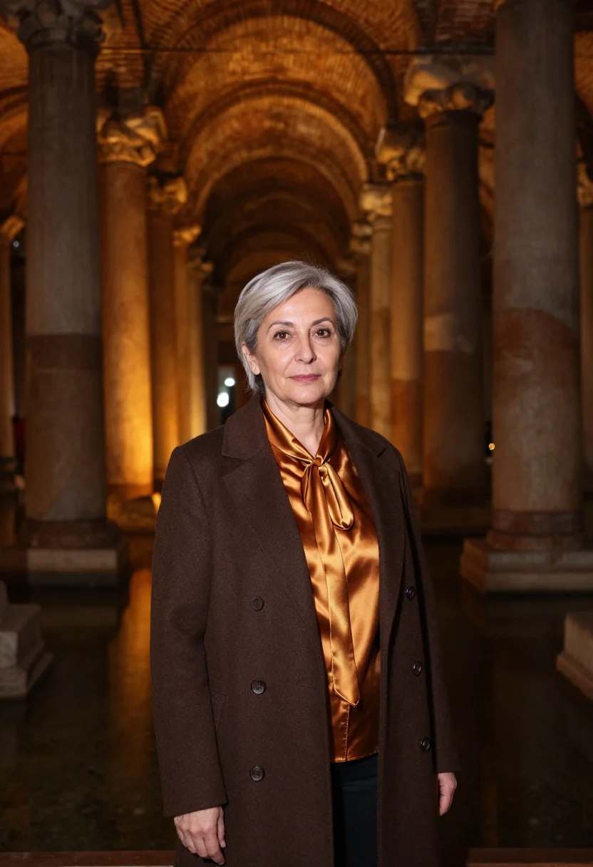 AI basilica cistern curator column amber sample — portrait of a woman, a curator in her sixties of Turkish des