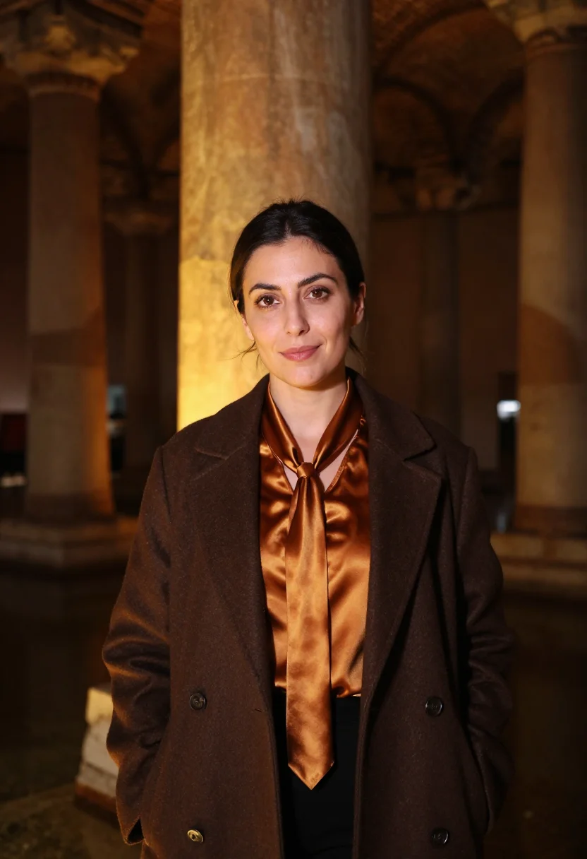 AI basilica cistern curator column amber sample — portrait of a woman, a curator in her late thirties of Greek