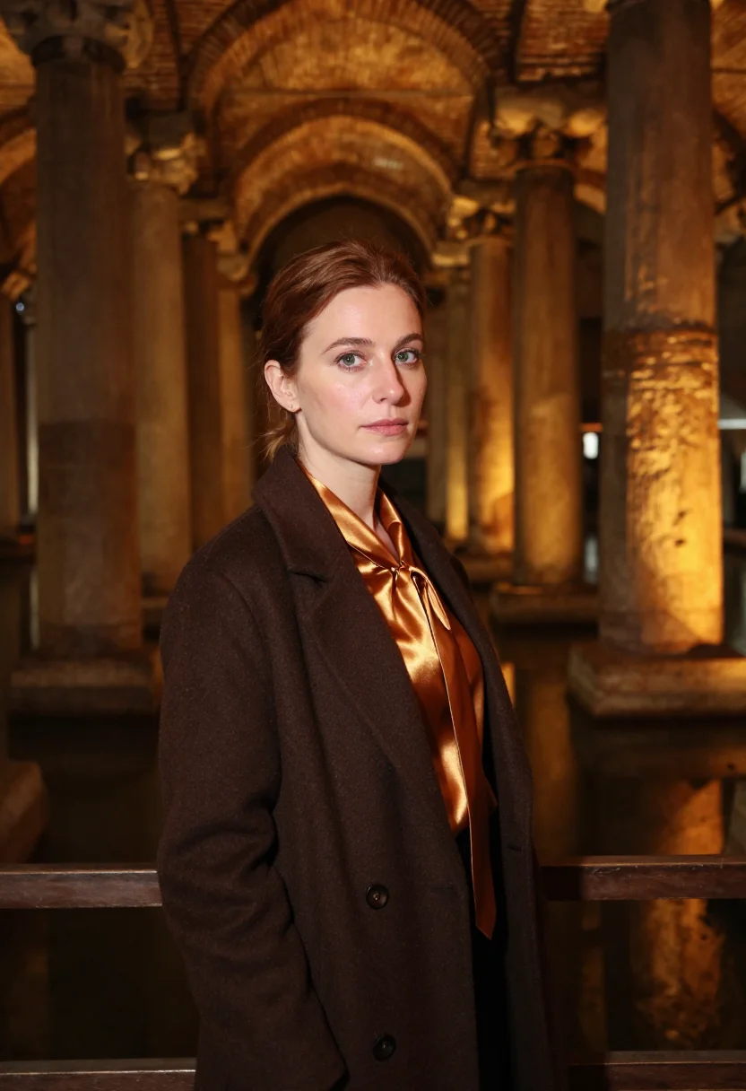 AI basilica cistern curator column amber sample — portrait of a woman, a curator in her forties of French desc