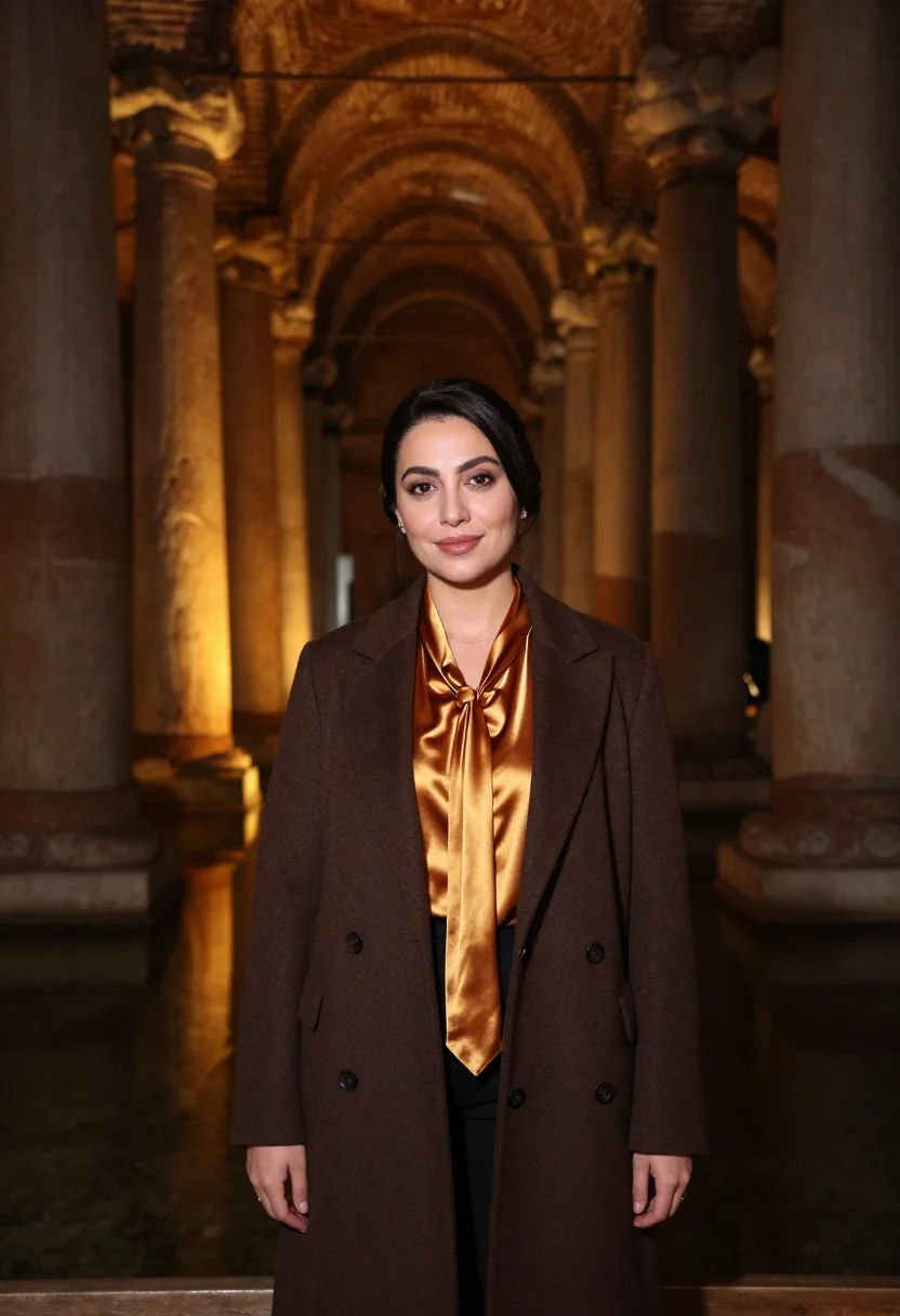 AI basilica cistern curator column amber sample — portrait of a woman, a curator in her late thirties of Irani