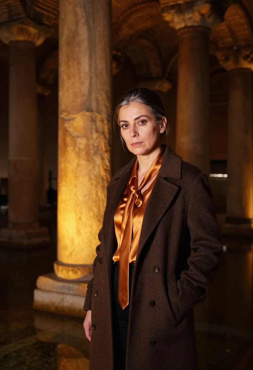 AI basilica cistern curator column amber sample — portrait of a woman, a curator in her fifties of Italian des