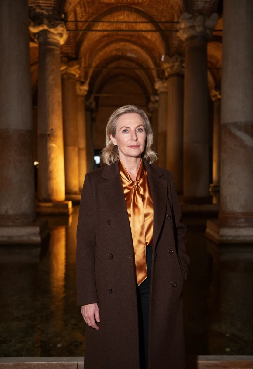 AI basilica cistern curator column amber sample — portrait of a woman, a curator in her fifties of English des