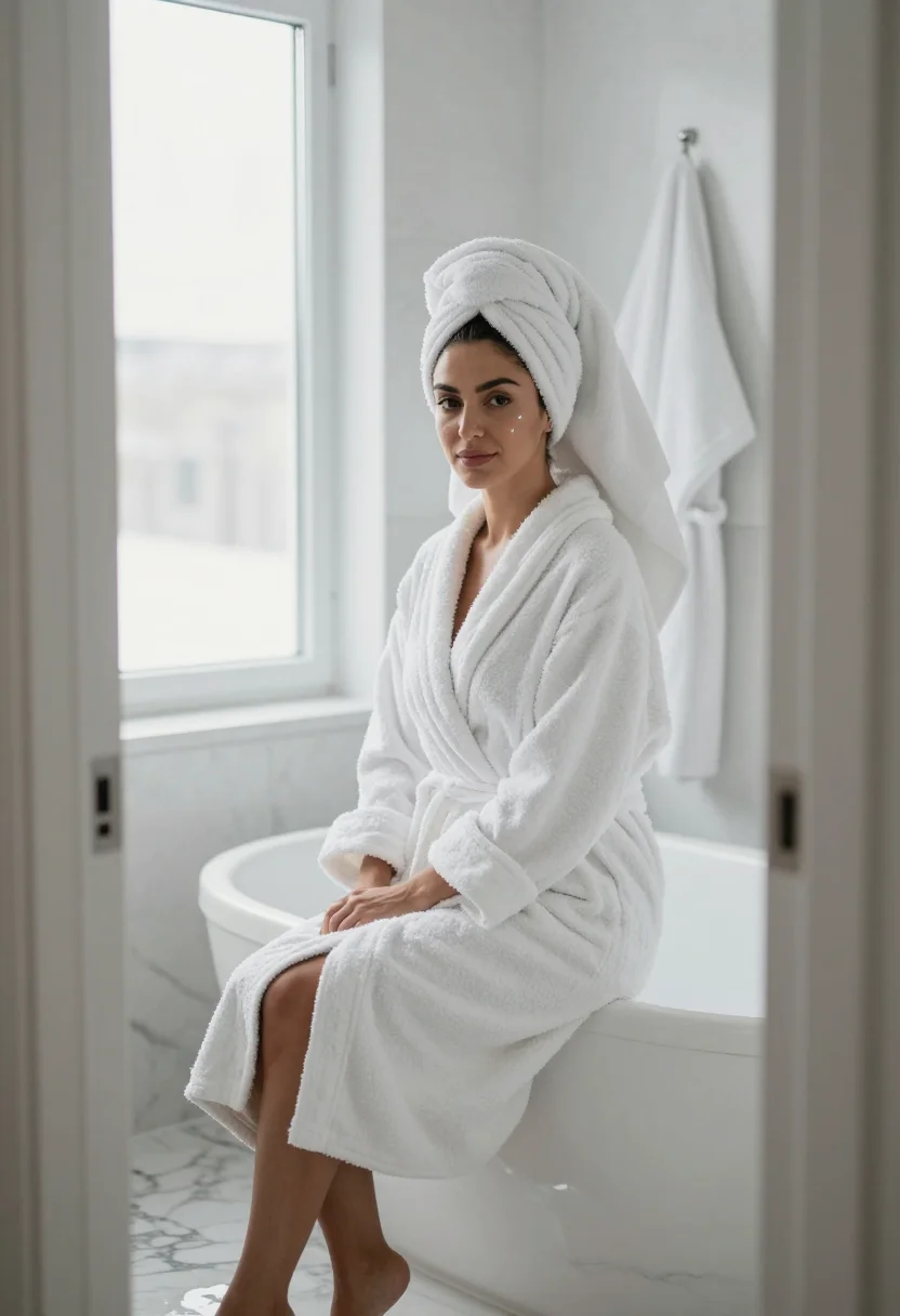 AI bathrobe marble white sample — portrait of a woman, framed tight, head and shoulders, the b