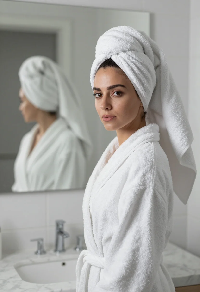 AI bathrobe marble white sample — portrait of a woman, framed tight, head and shoulders, the b