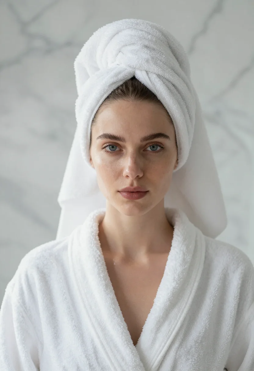 AI bathrobe marble white sample — portrait of a woman, framed tight, head and shoulders, the b