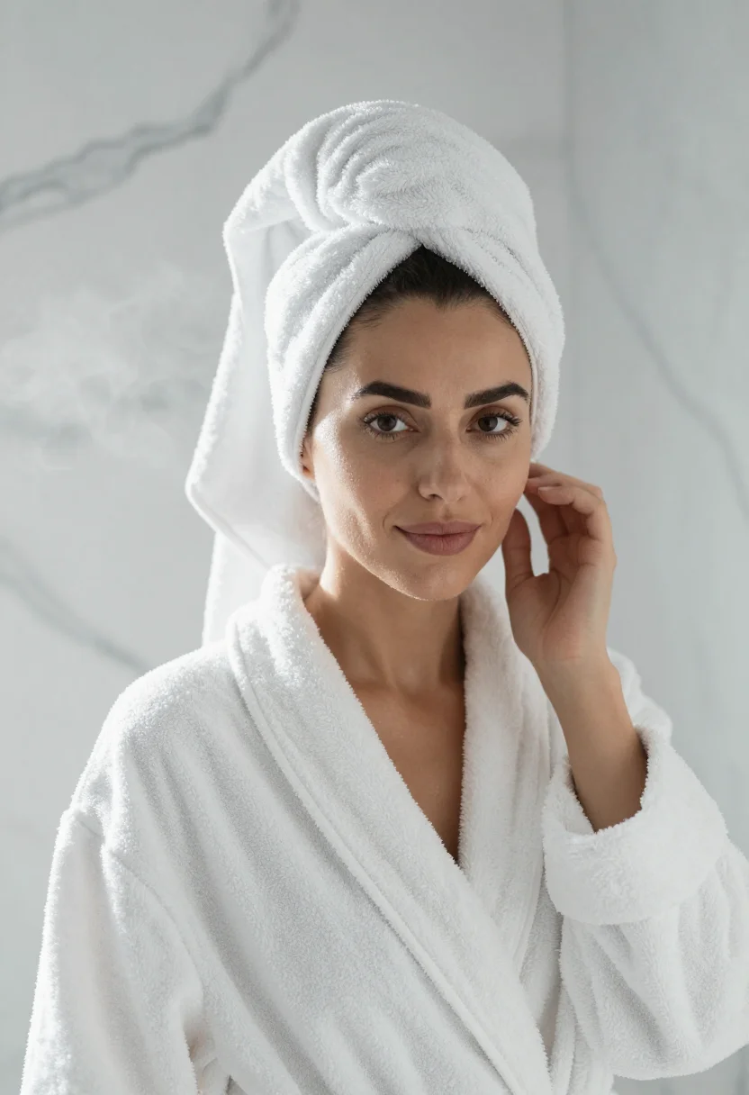 AI bathrobe marble white sample — portrait of a woman, framed chest-up, cropped at the ribs, t