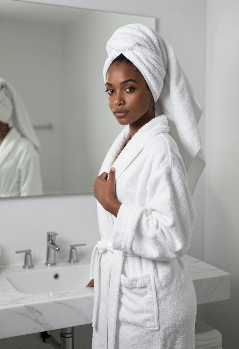 AI bathrobe marble white sample — portrait of a woman, framed three-quarter length from the he