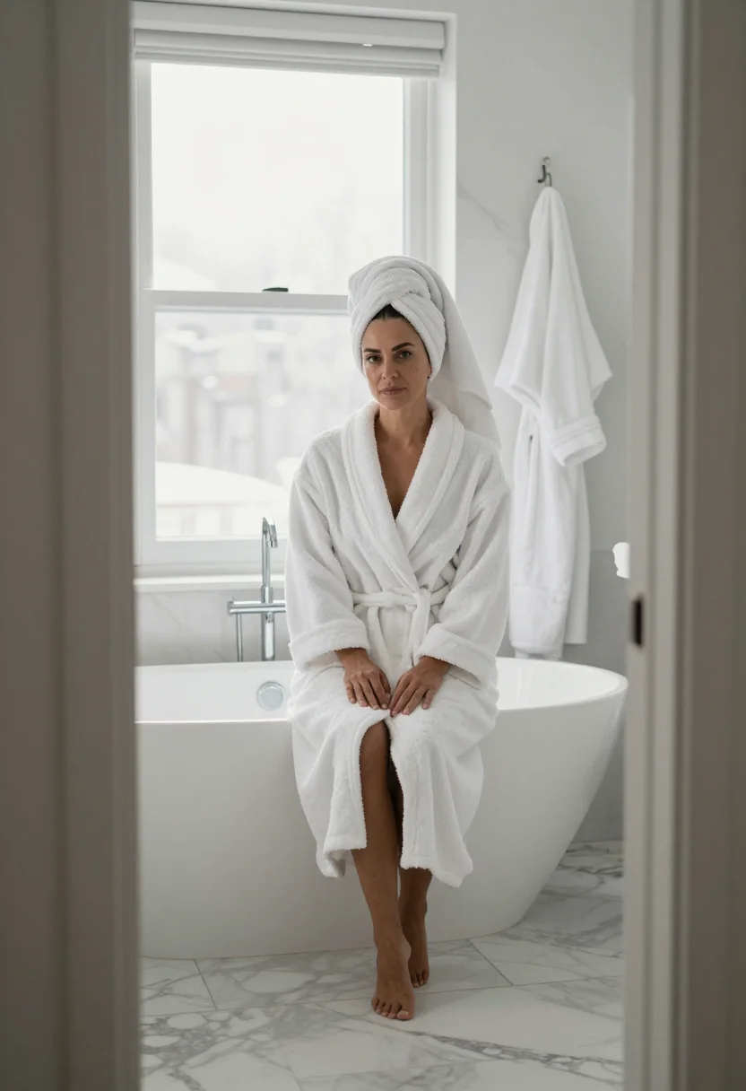 AI bathrobe marble white sample — portrait of a woman, framed wide and full-length from the do