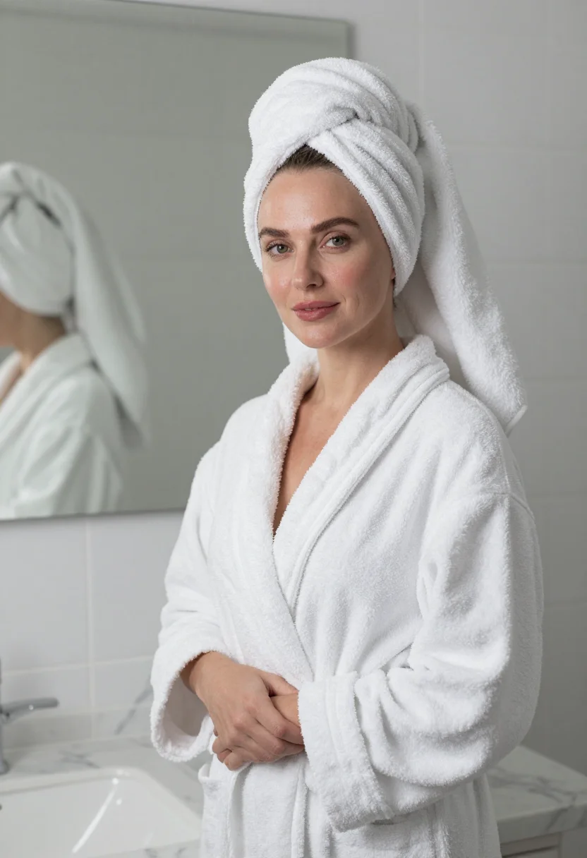 AI bathrobe marble white sample — portrait of a woman, framed chest-up, cropped at the ribs, t