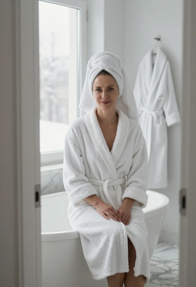 AI bathrobe marble white sample — portrait of a woman, framed chest-up, cropped at the ribs, t