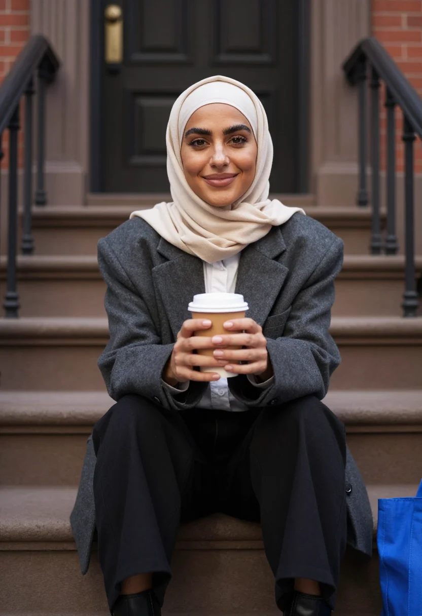 AI bay ridge modest sample — portrait of a woman, a chest-up stoop portrait of an Arab-Am