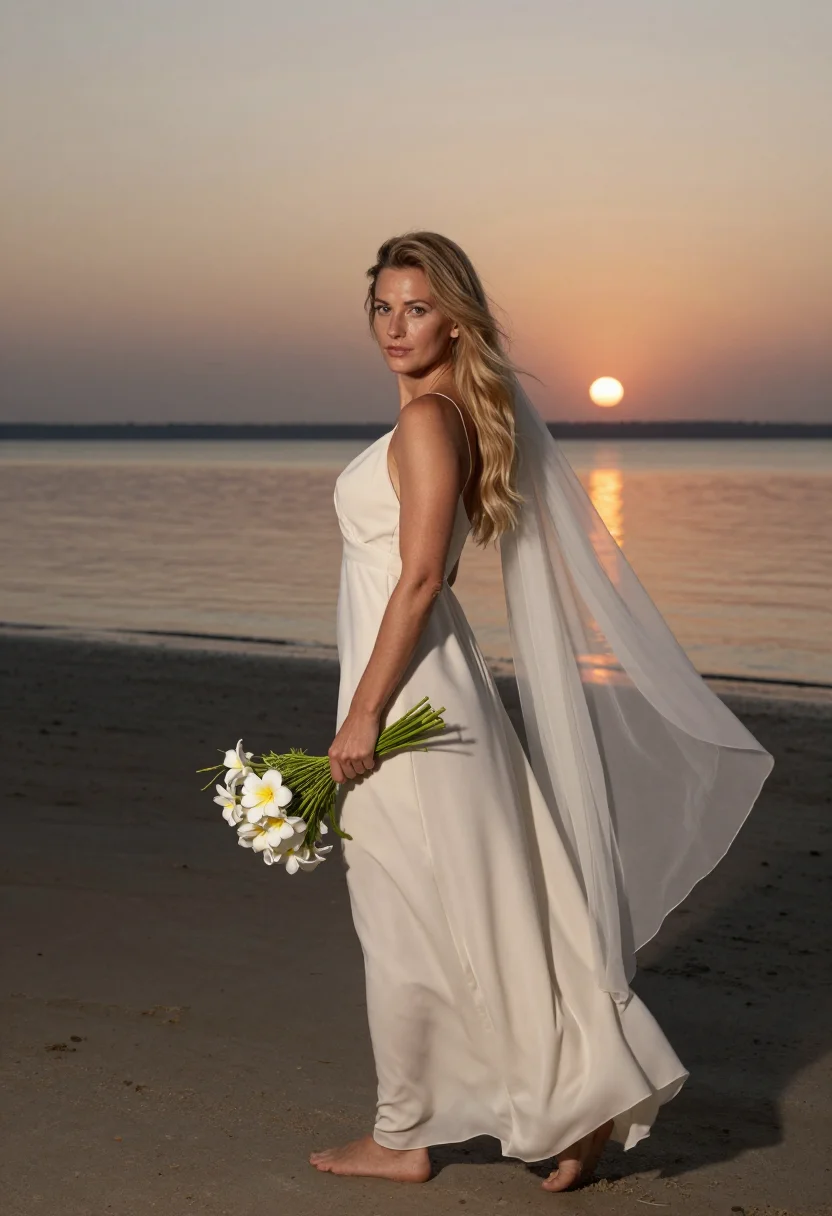AI beach elopement sample — portrait of a woman, three-quarter-length portrait of a West
