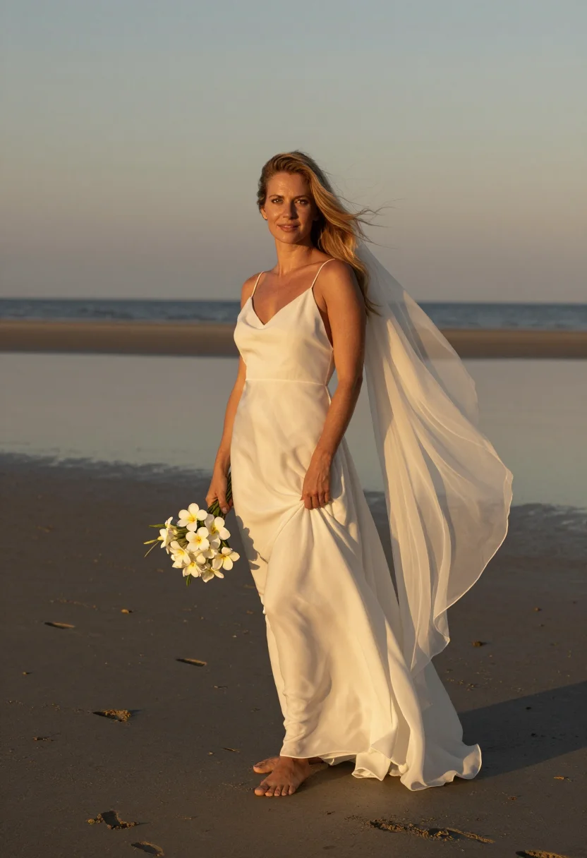 AI beach elopement sample — portrait of a woman, full-length portrait of a Western-Europ